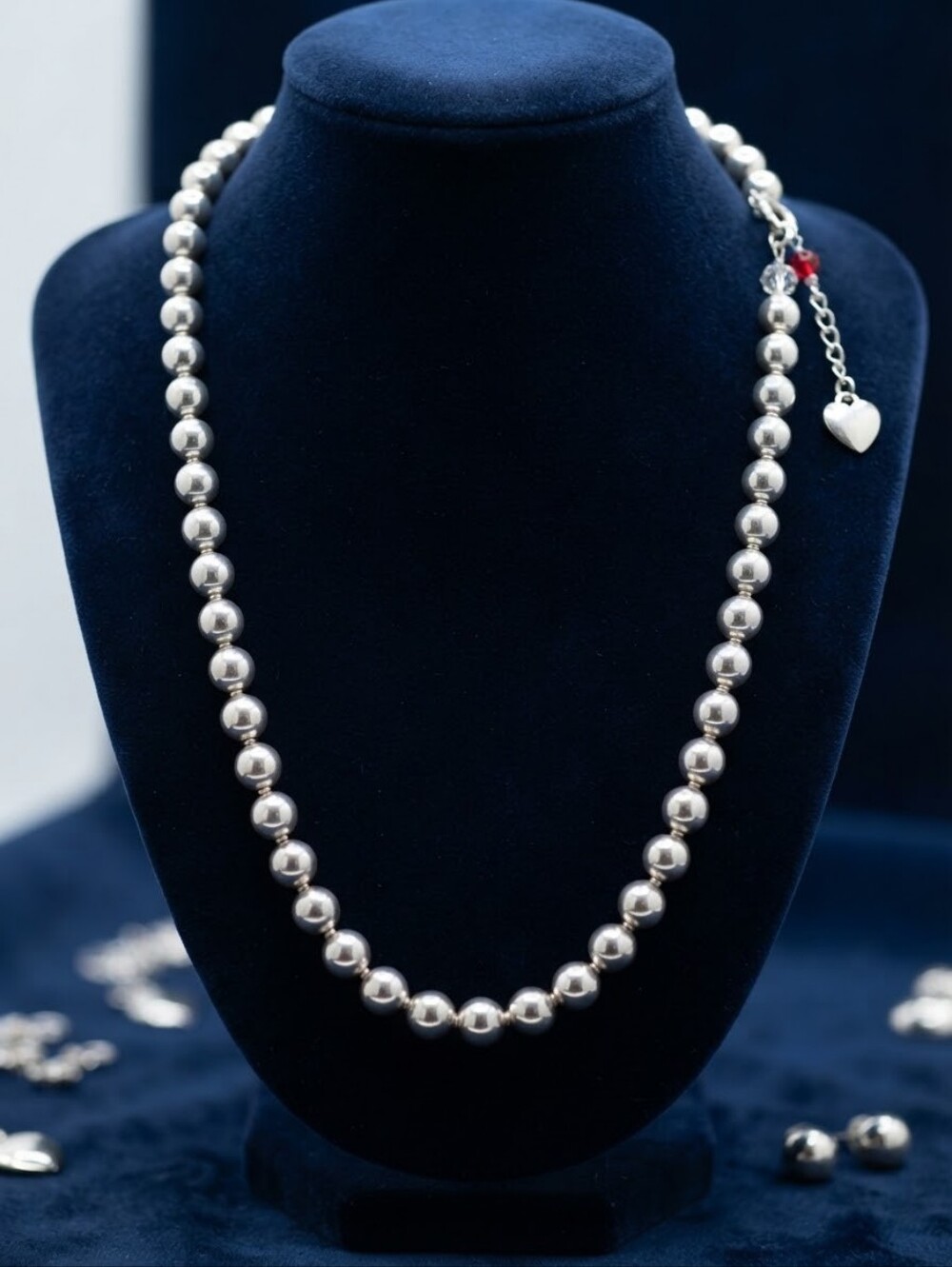 Chunky Silver Bead Statement Necklace Heart Lock Charm Y2K Retro Boho CC